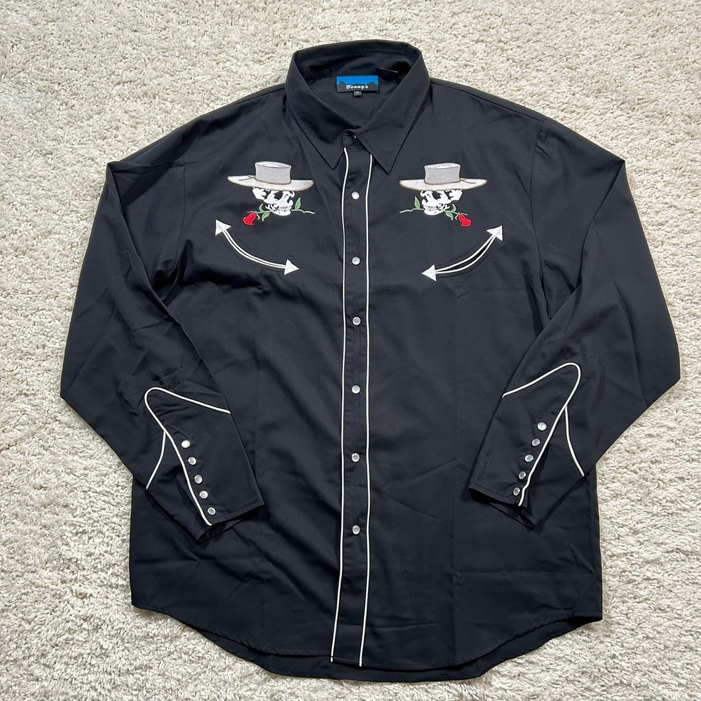 Benny's Western Snap Shirt XL Black Embroidered Skull Rose Gun Rockabilly